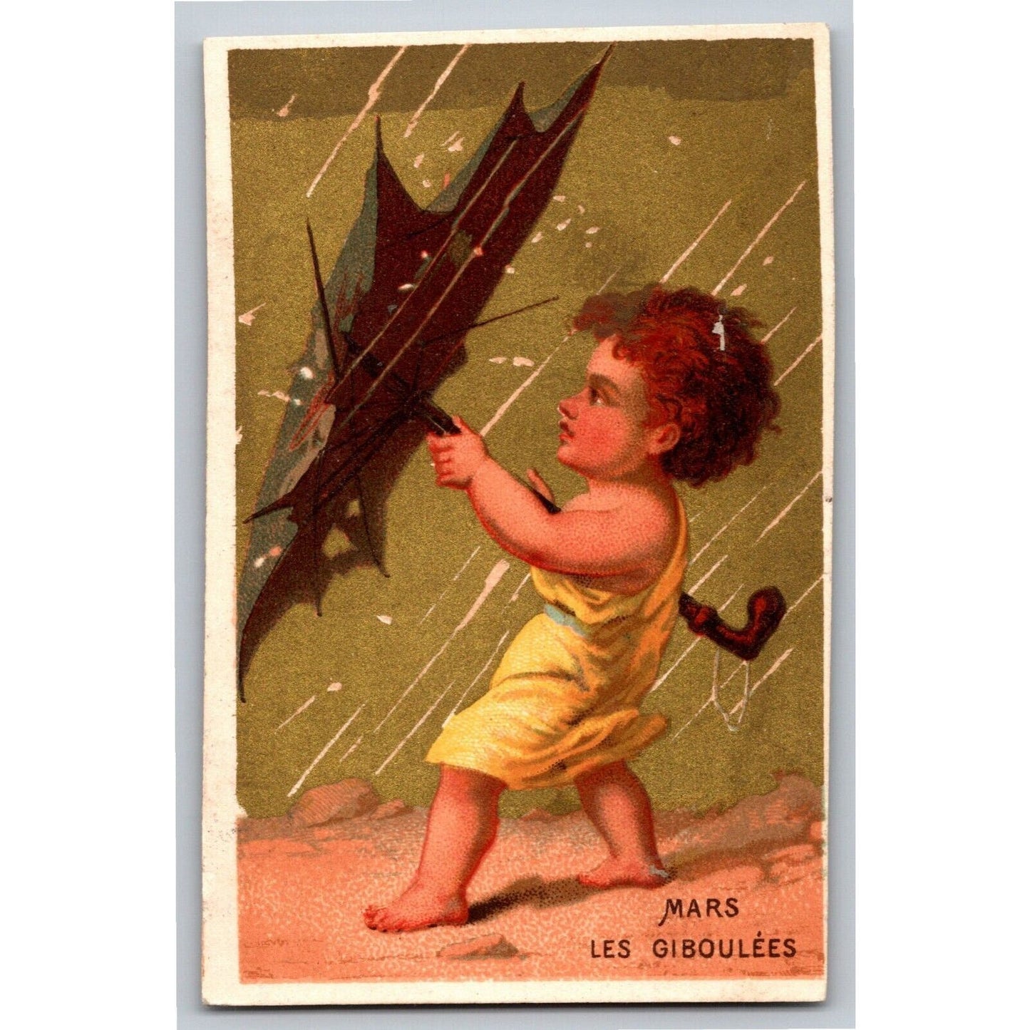 Young Child Wind Rain Struggles w/ Umbrella Victorian Trade Card Olive Oil