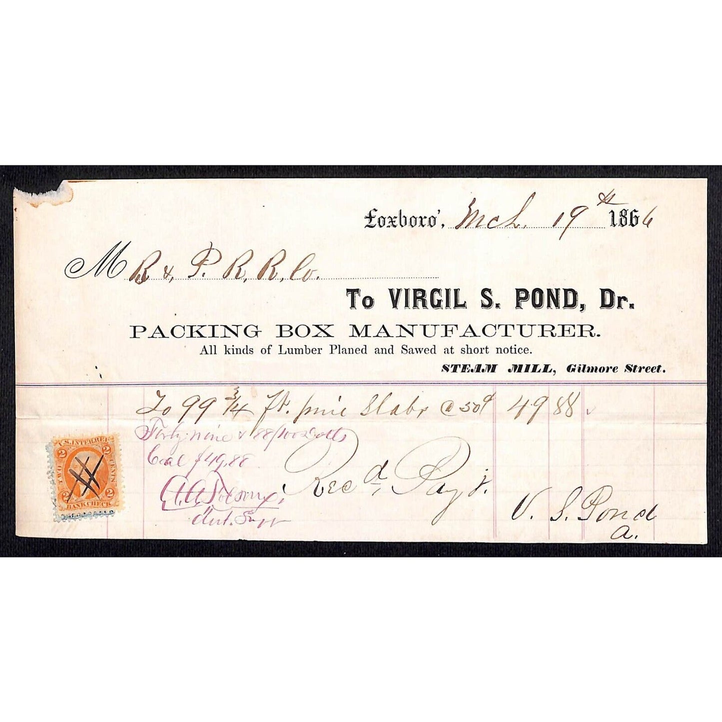 Foxboro, MASS 1866 Virgil S. Pond Packing Box Mfg. Billhead w/ Tax Stamp Scarce