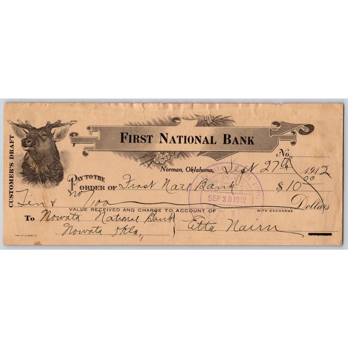 Norman Oklahoma Bank Check First National Bank w/ Deer / Buck Head Vignette