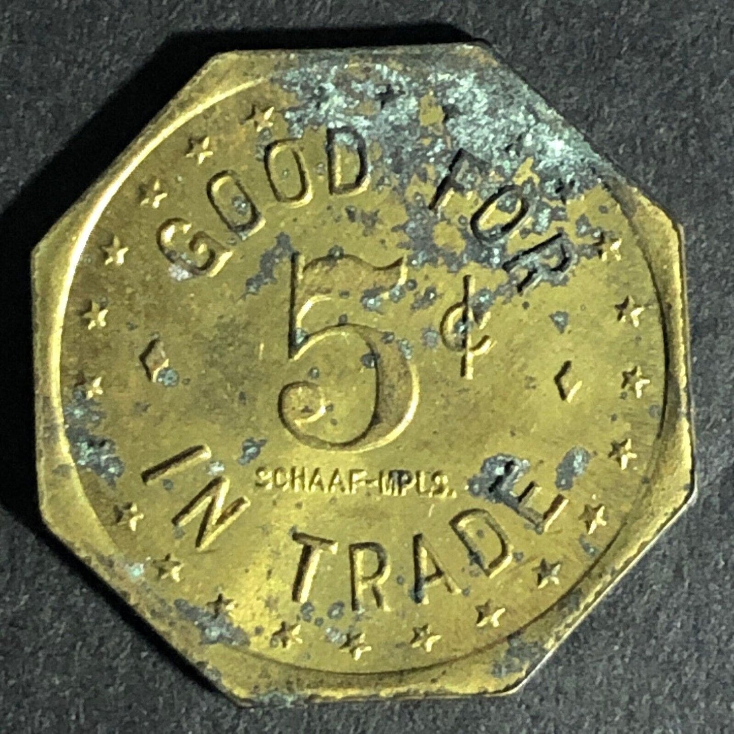 H.W. Mueller Hamburg, Minn G/F 5c Brass Token Octagon 22.3mm