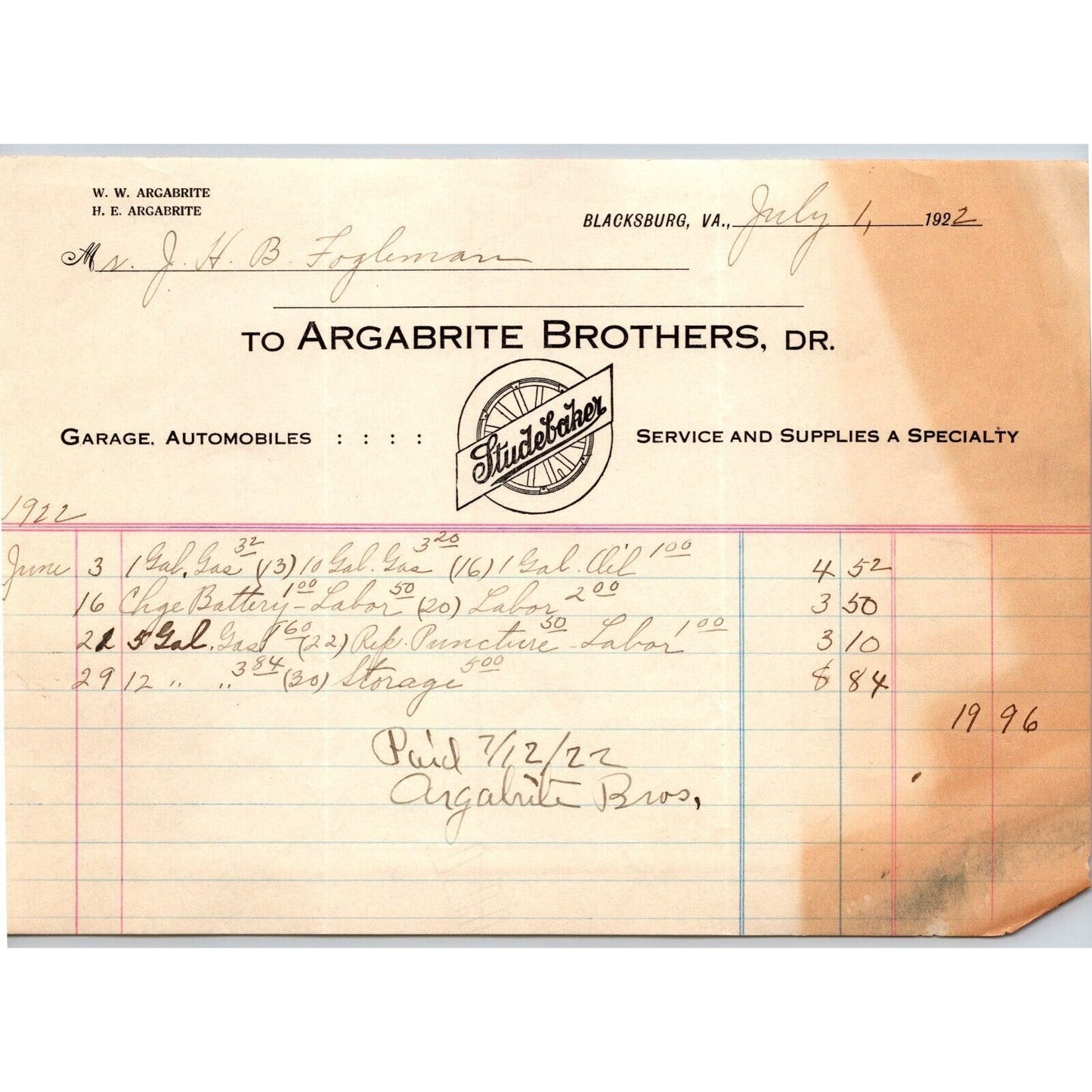Blacksburg, VA Argabrite Brothers - Studebaker Garage Automobiles 1922 Billhead