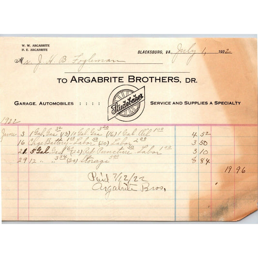 Blacksburg, VA Argabrite Brothers - Studebaker Garage Automobiles 1922 Billhead