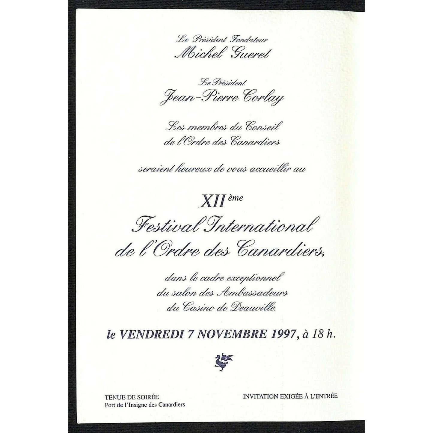 1997 Ordre Des Canardiers Festival Intl. au Casino de Deauville Invitation Prog