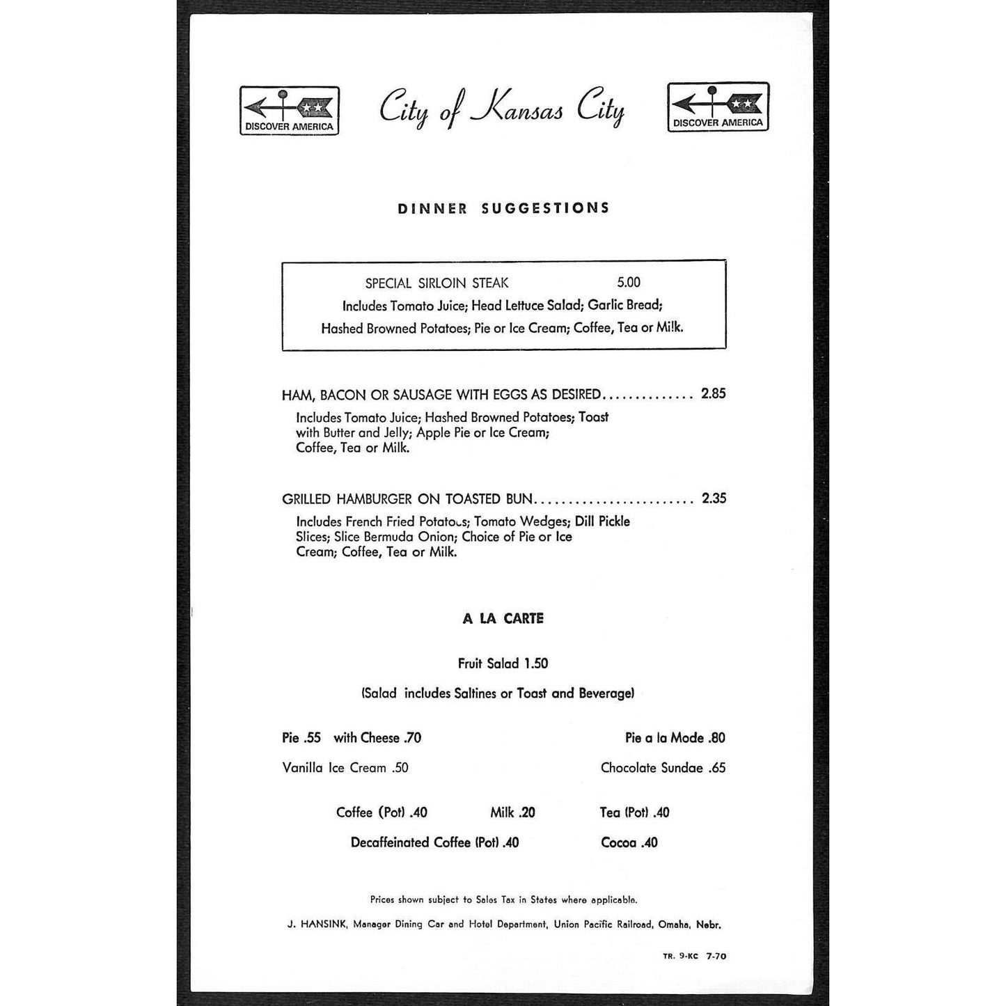 1970 Union Pacific "City of Kansas City" Dinner Menu / Missouri River Steamboat