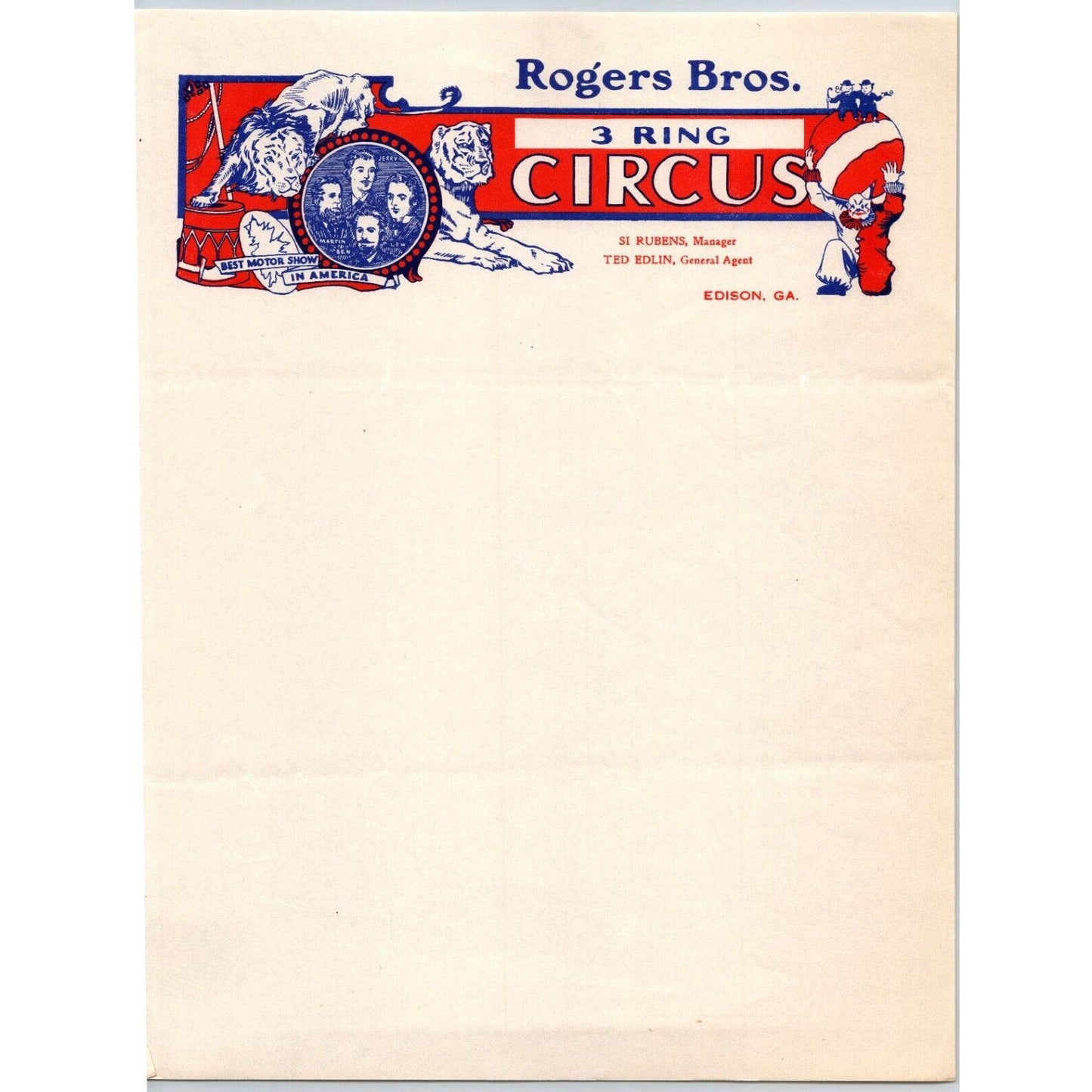 Roger Bros. 3 Ring Circus Letterhead c1949 Edison, GA Scarce
