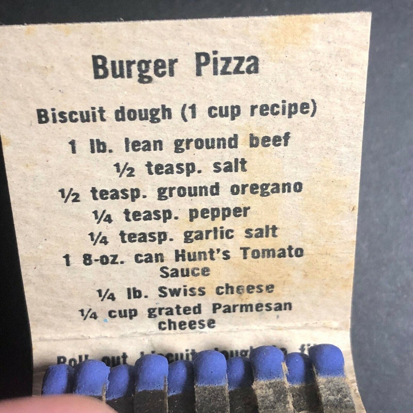 1960's Full Matchbook - Hunt's Tomato Sauce w/ Burger Pizza Recipe