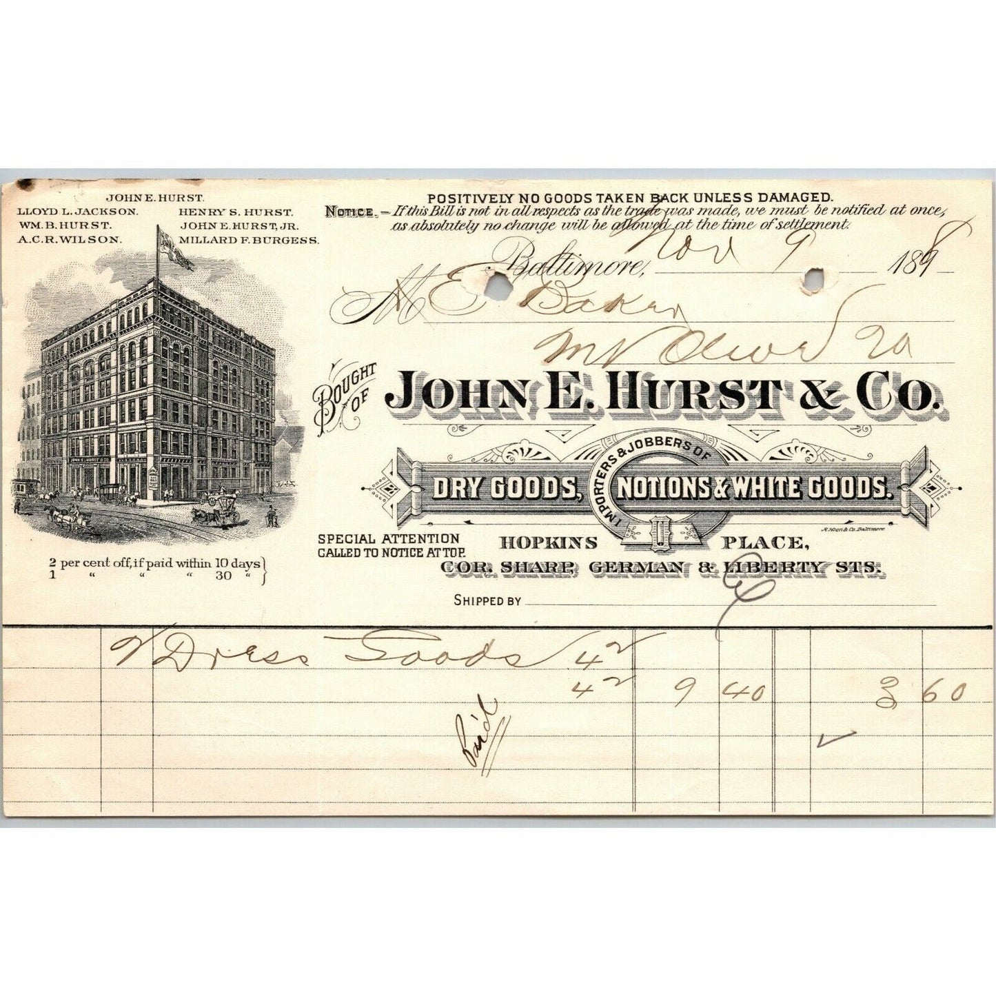 1898 Letterhead John E. Hurst Dry Goods Baltimore - Ephraim Baker*