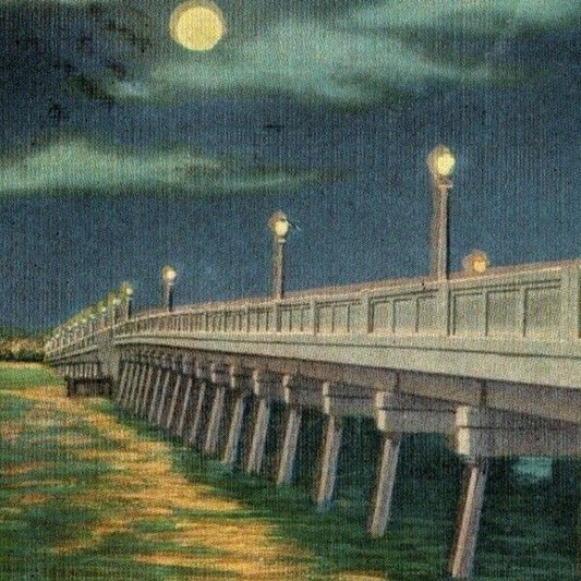 1948 Night Scene at Thomas Edison Bridge, Fort Myers, FL Linen Postcard Vintage