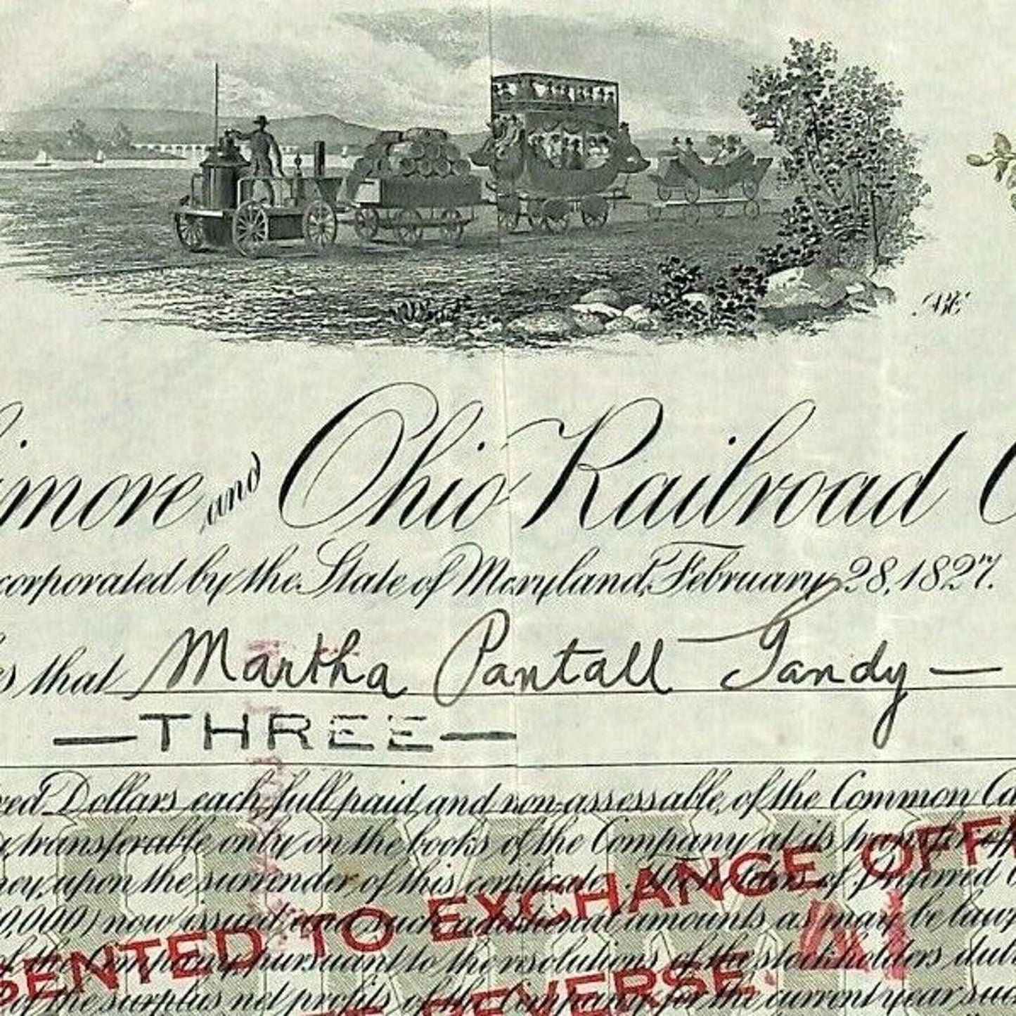 Stock Certificate - 1925 Baltimore & Ohio Railroad to: Martha Pantall Gandy