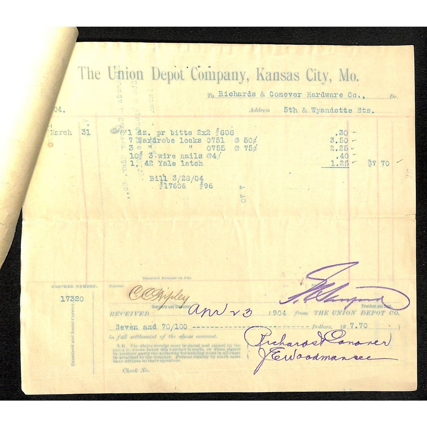 Kansas City, MO Richards & Conover Hardware Co. & Union Depot Co. 1904 Billheads