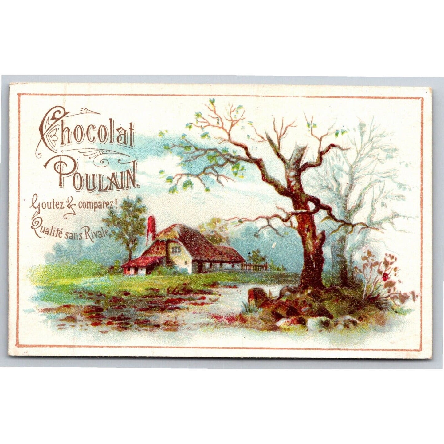 French Victorian Trade Card Chocolat Poulain - Outdoor Home Fall Scene