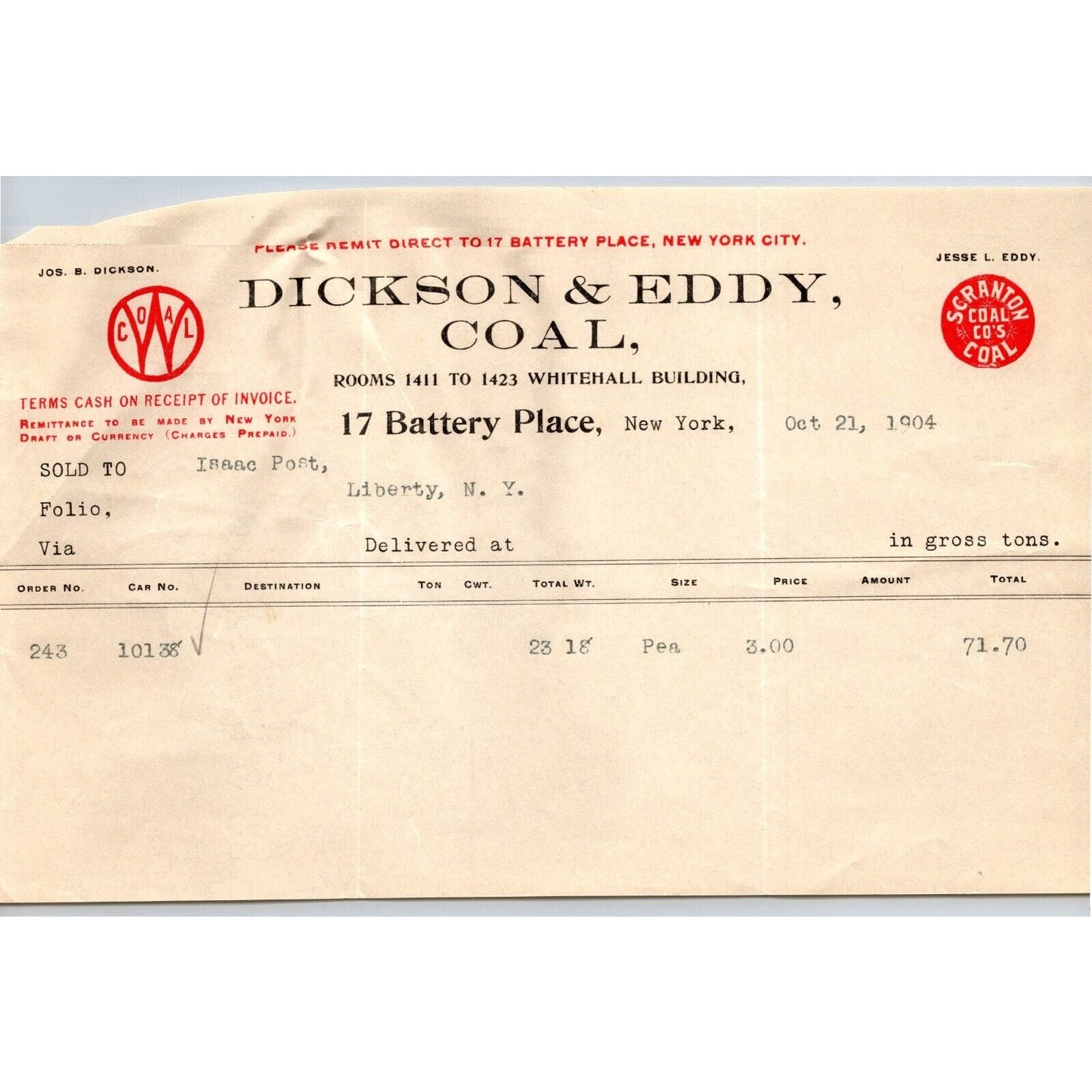 Dickson & Eddy Coal 17 Battery Place, NYC to: Isaac Post Oct 21 1904 Billhead