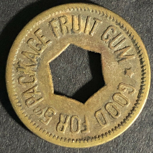 "Good For 5c Package Fruit Gum" Token (Watling Mfg. Chicago) Hexagon Cut 21mm