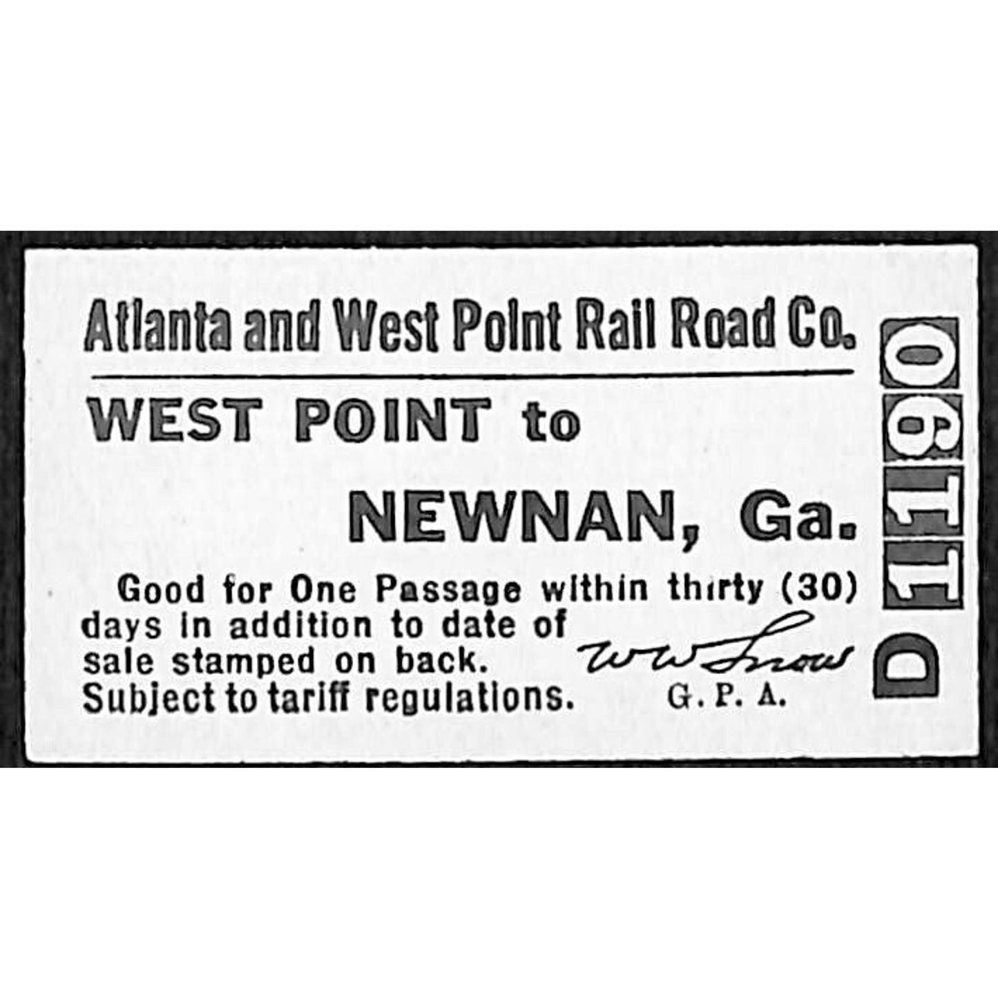 Atlanta and West Point Railroad Ticket #1190 Newnan, GA Unused "VOID"