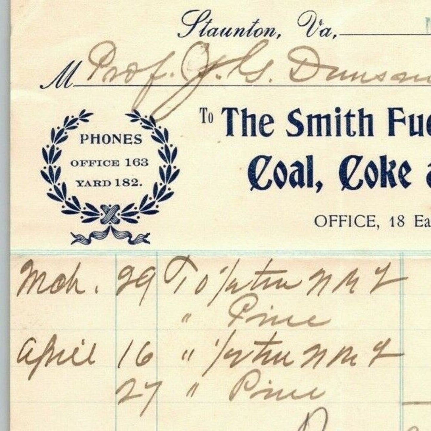 1901 Scarce Smith Fuel Co. Coal Coke Wood Billhead Letterhead Staunton, VA