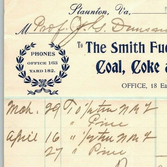 1901 Scarce Smith Fuel Co. Coal Coke Wood Billhead Letterhead Staunton, VA