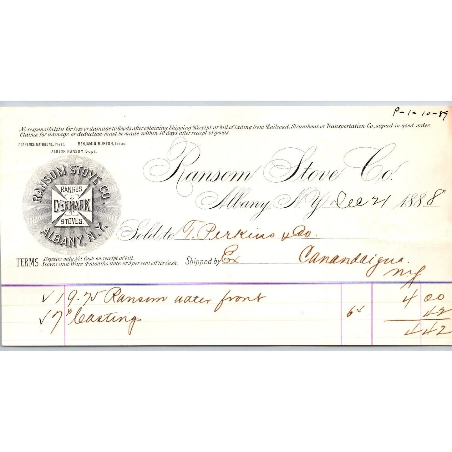 Albany, NY Ransom Stove Co. Denmark Ranges 1888 Billhead VGC