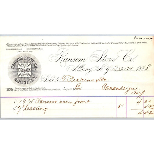 Albany, NY Ransom Stove Co. Denmark Ranges 1888 Billhead VGC