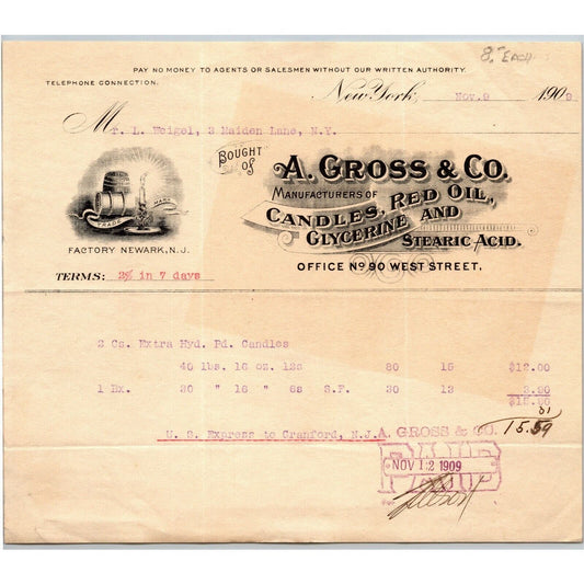 A. Gross & Co.1909 Letterhead NY, NY Candles Red Oil Glycerine Stearic Acid