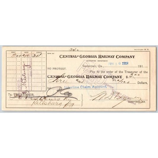 Central of Georgia Railway Company Savannah, GA 1912 Bank Check VGC