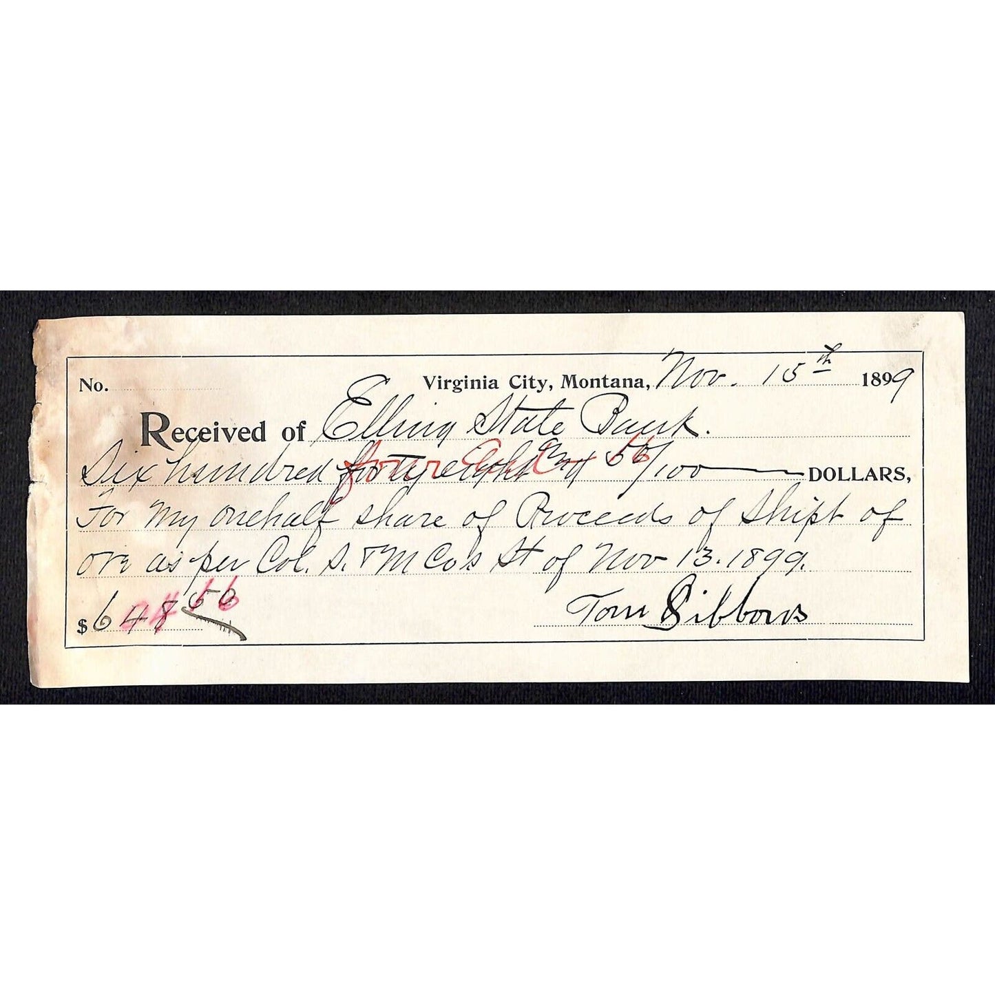 Virginia City, Mt (Henry) Elling State Bank 1899 Ore Shipment Mining Receipt