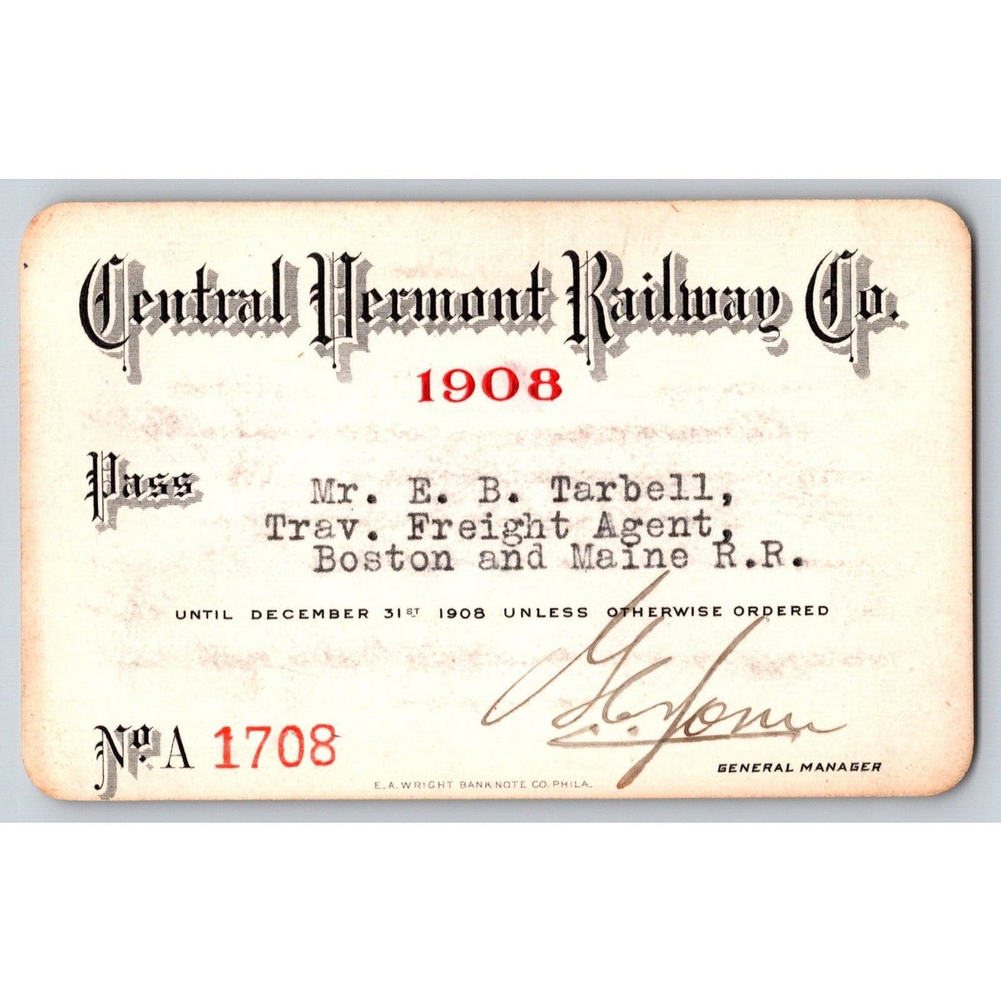 Central Vermont Railroad 1908 Yearly Pass #1708 VGC