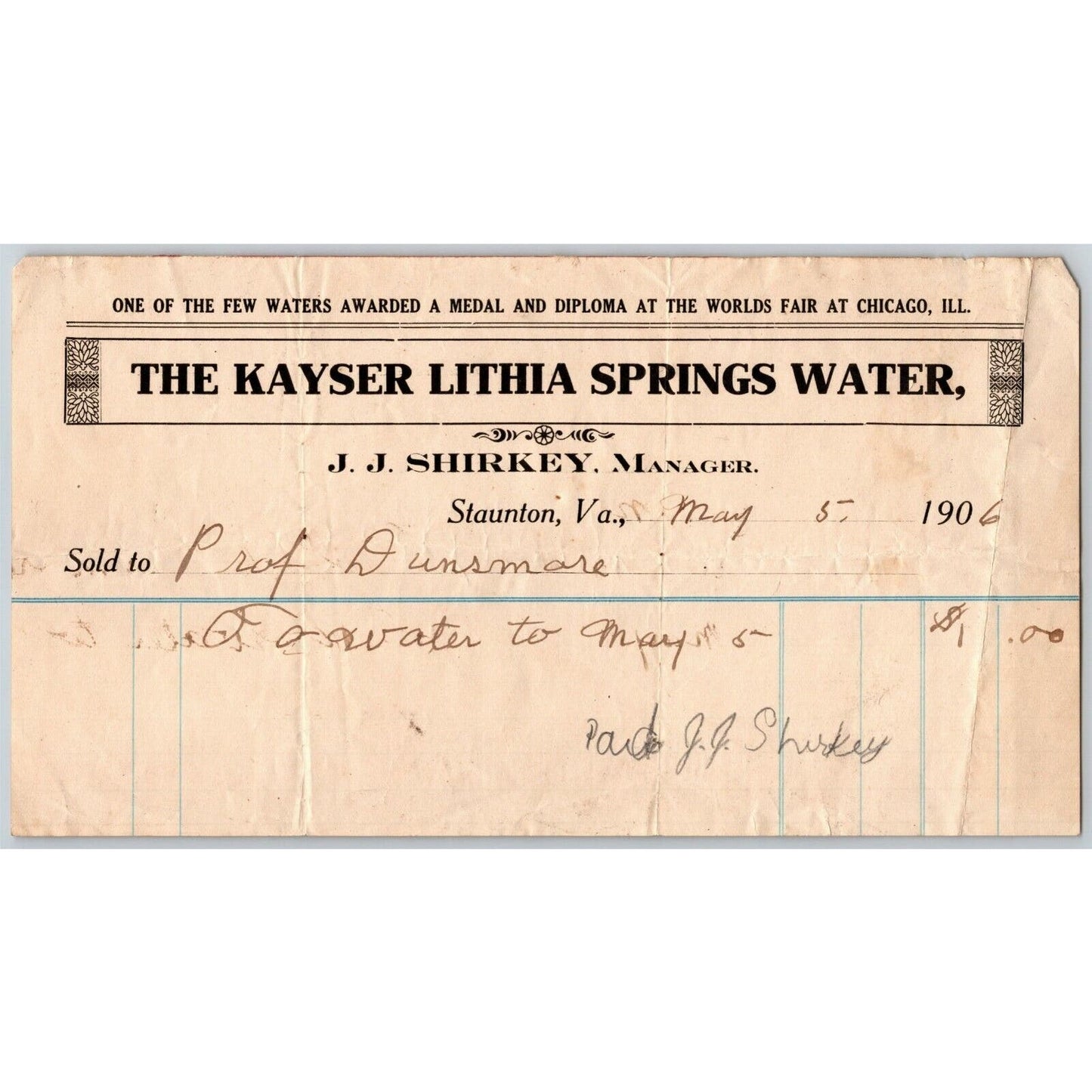 1906 Scarce Kayser Lithia Water Co. Billhead Letterhead Staunton, VA JJ Shirkey