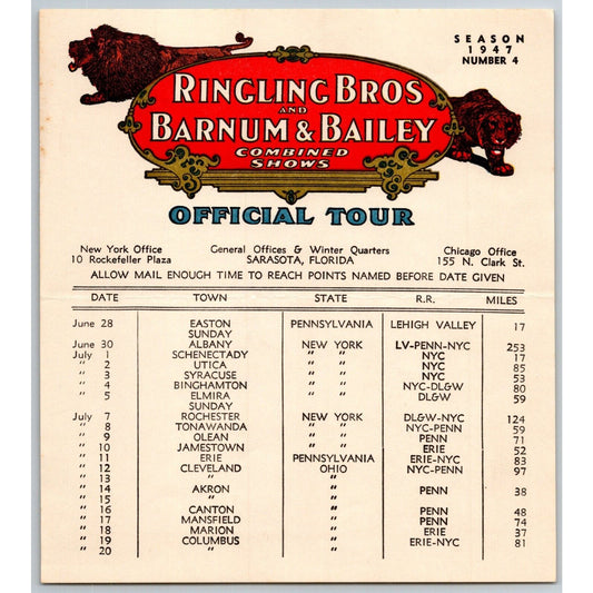 1947 Ringling Bros Barnum Bailey Circus Route Card Upstate New York