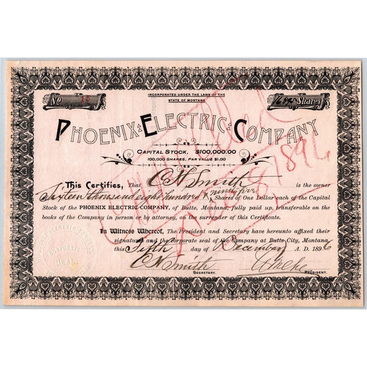 Butte, MT Phoenix Electric Co. 1896 Stock Certificate 16,895 Shares - C. H Smith