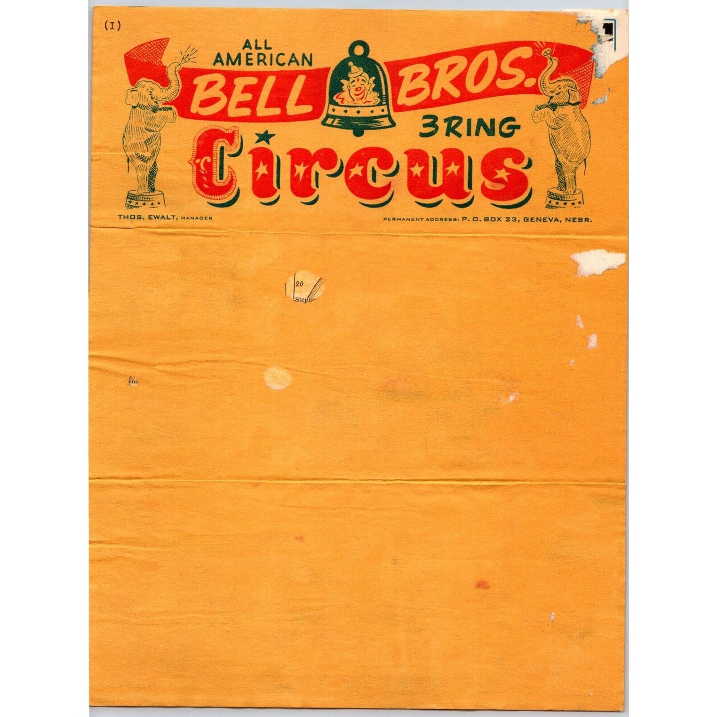 Bell Bros. 3 Ring Circus Letterhead c1945 Geneva, NE Elephants Scarce