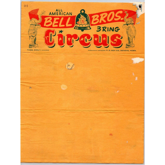 Bell Bros. 3 Ring Circus Letterhead c1945 Geneva, NE Elephants Scarce