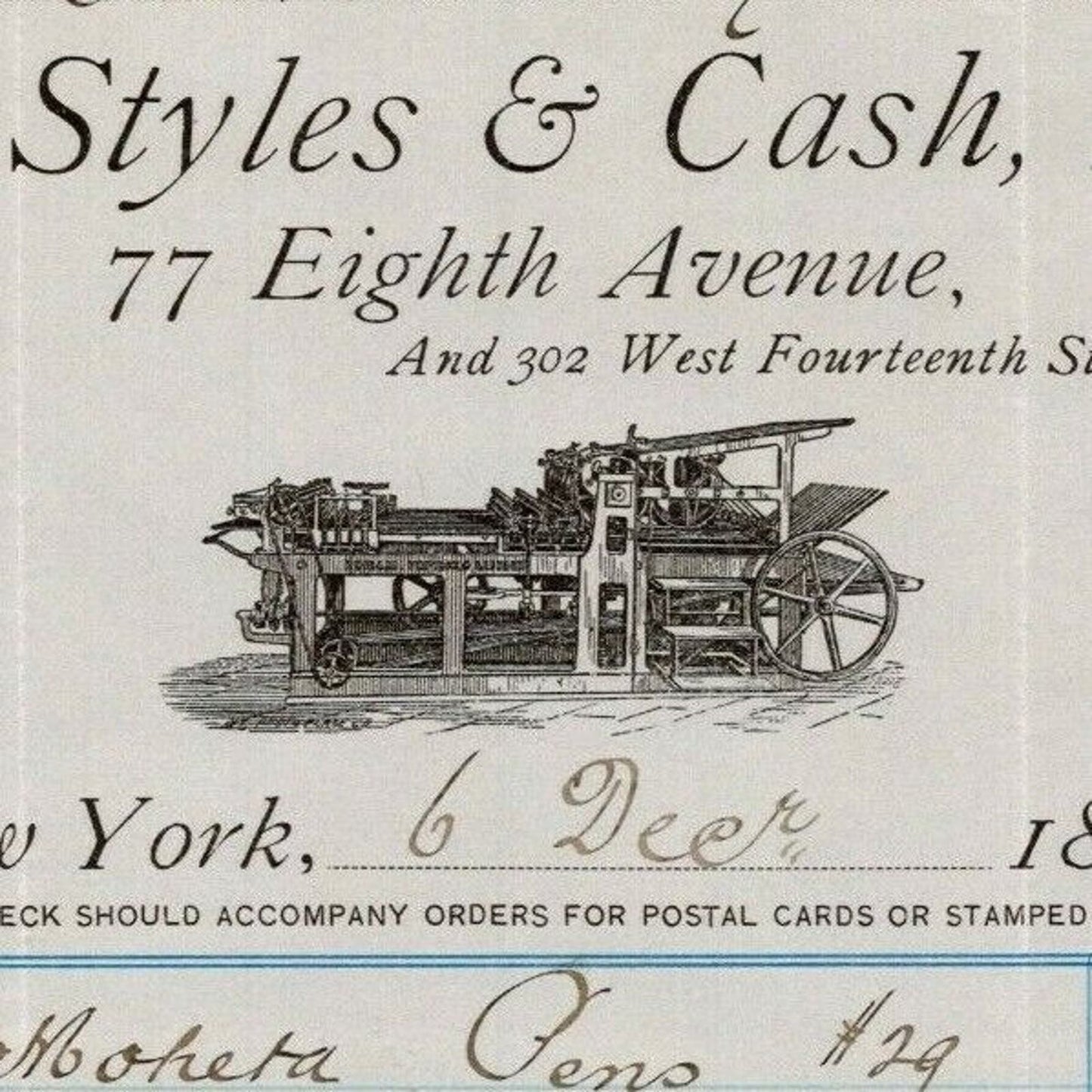 1887 Styles & Cash Stationers Book Printers Billhead Letterhead 77 8th Ave NYC