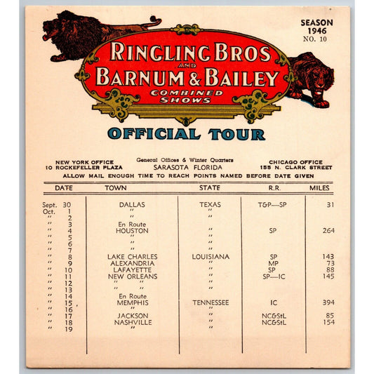 1946 Ringling Bros Barnum Bailey Circus Route Card Dallas Houston New Orleans