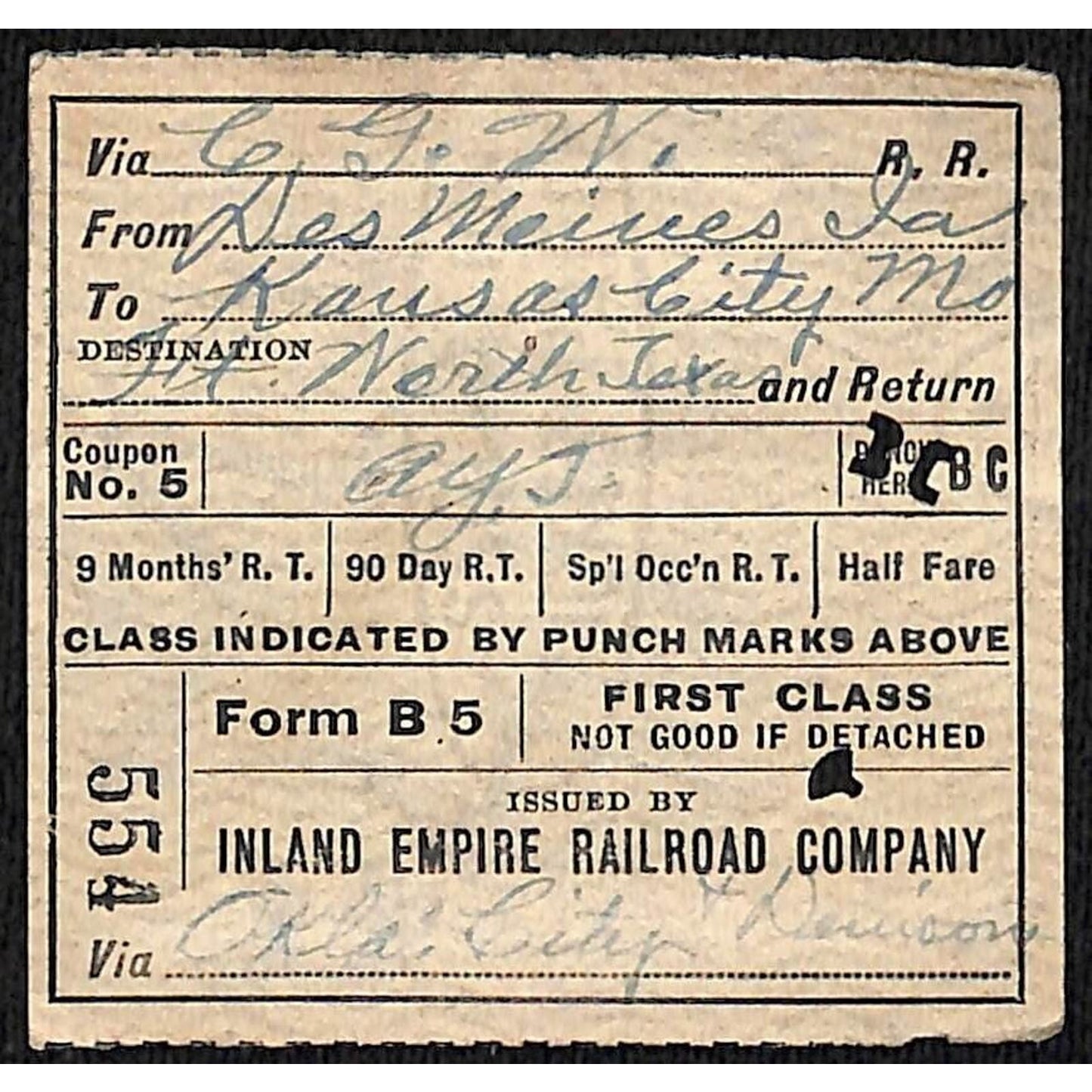 Inland Empire Railroad Ticket Kansas City Des Moines 1922 #554 Scarce