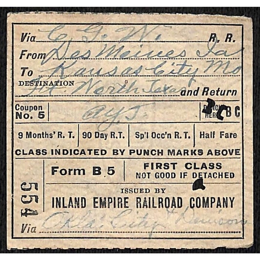 Inland Empire Railroad Ticket Kansas City Des Moines 1922 #554 Scarce