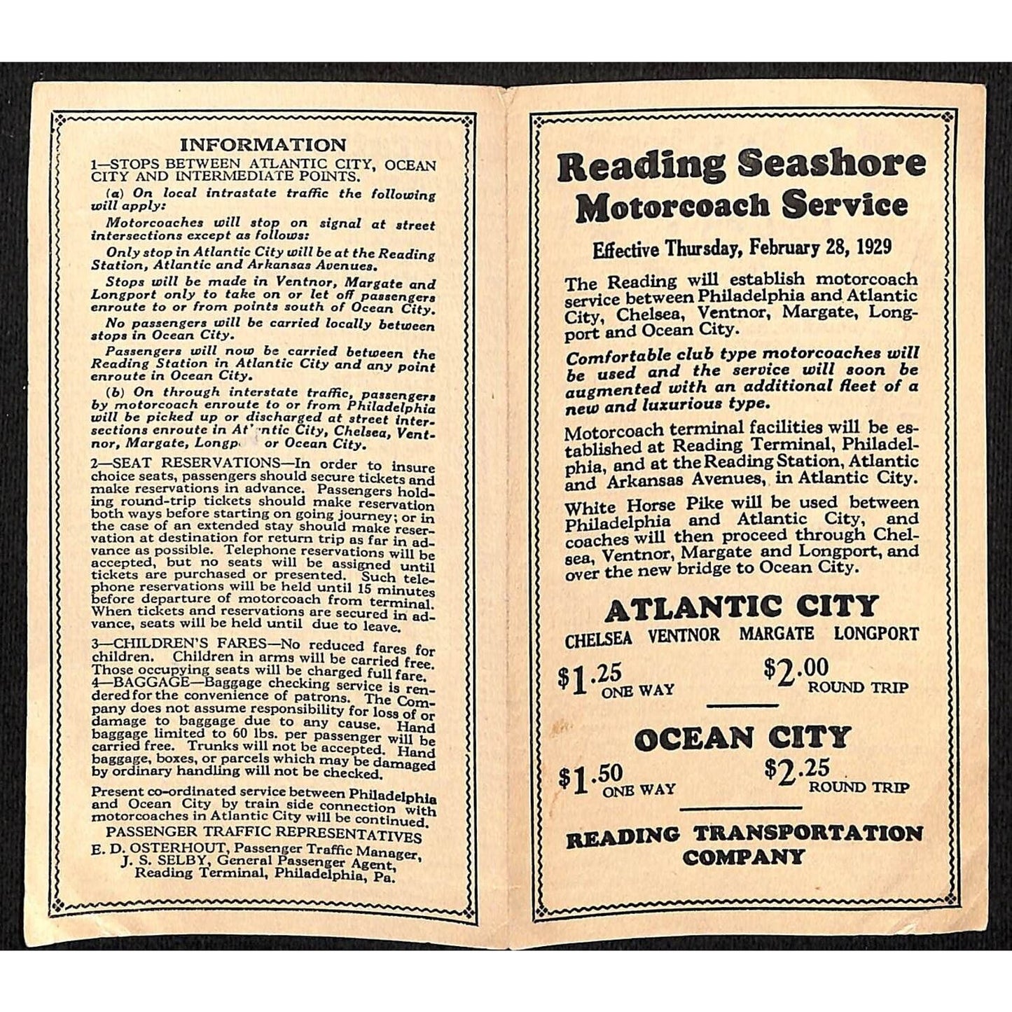 1929 Reading Seashore Motorcoach Service Transportation Folded Sheet Scarce VGC