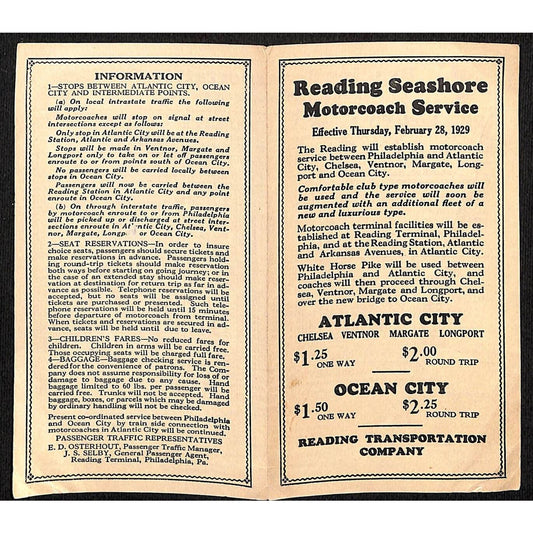 1929 Reading Seashore Motorcoach Service Transportation Folded Sheet Scarce VGC