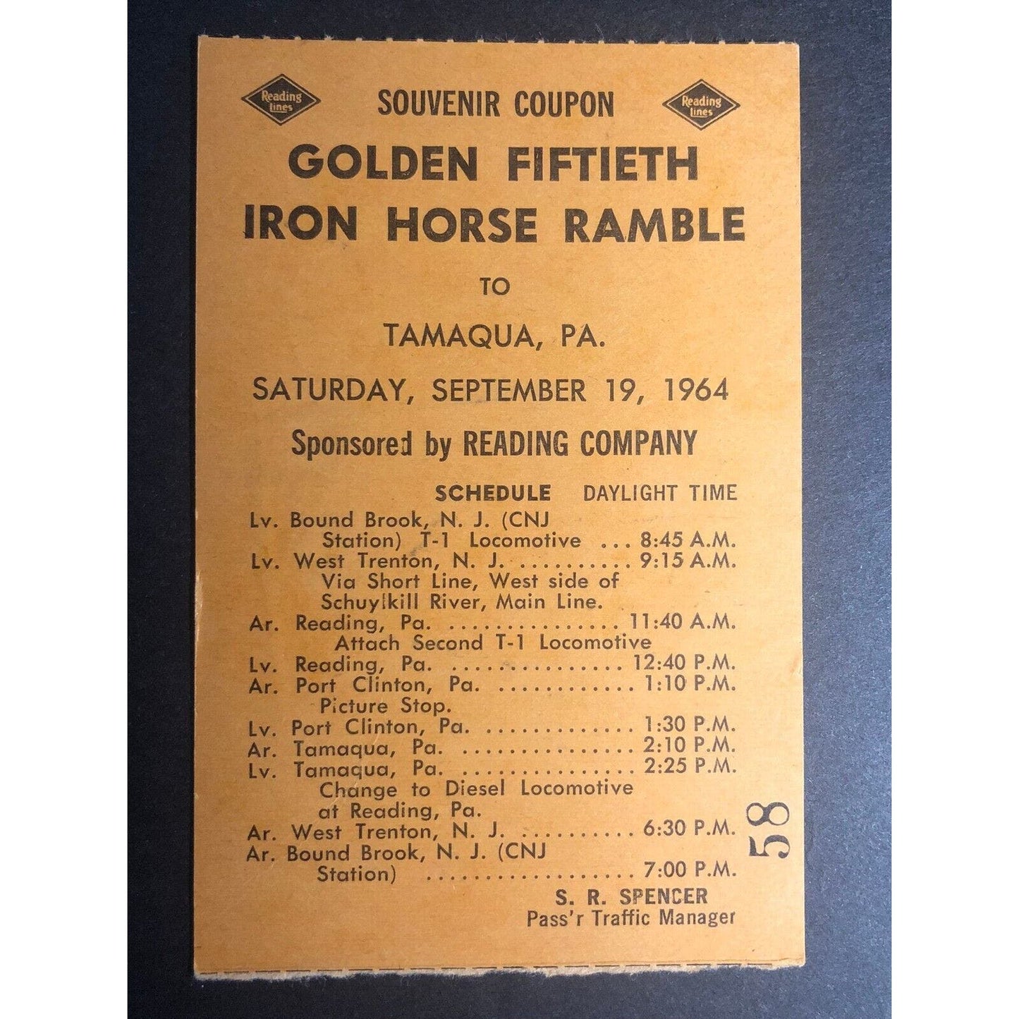 1964 Reading Co's Iron Horse Ramble Tamaqua, PA Railroad Coupon / Ticket Stub