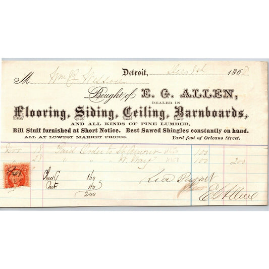 Detroit Letterhead - E.G. Allen Flooring Siding Barnboards 1868 w/ Rev Stamp