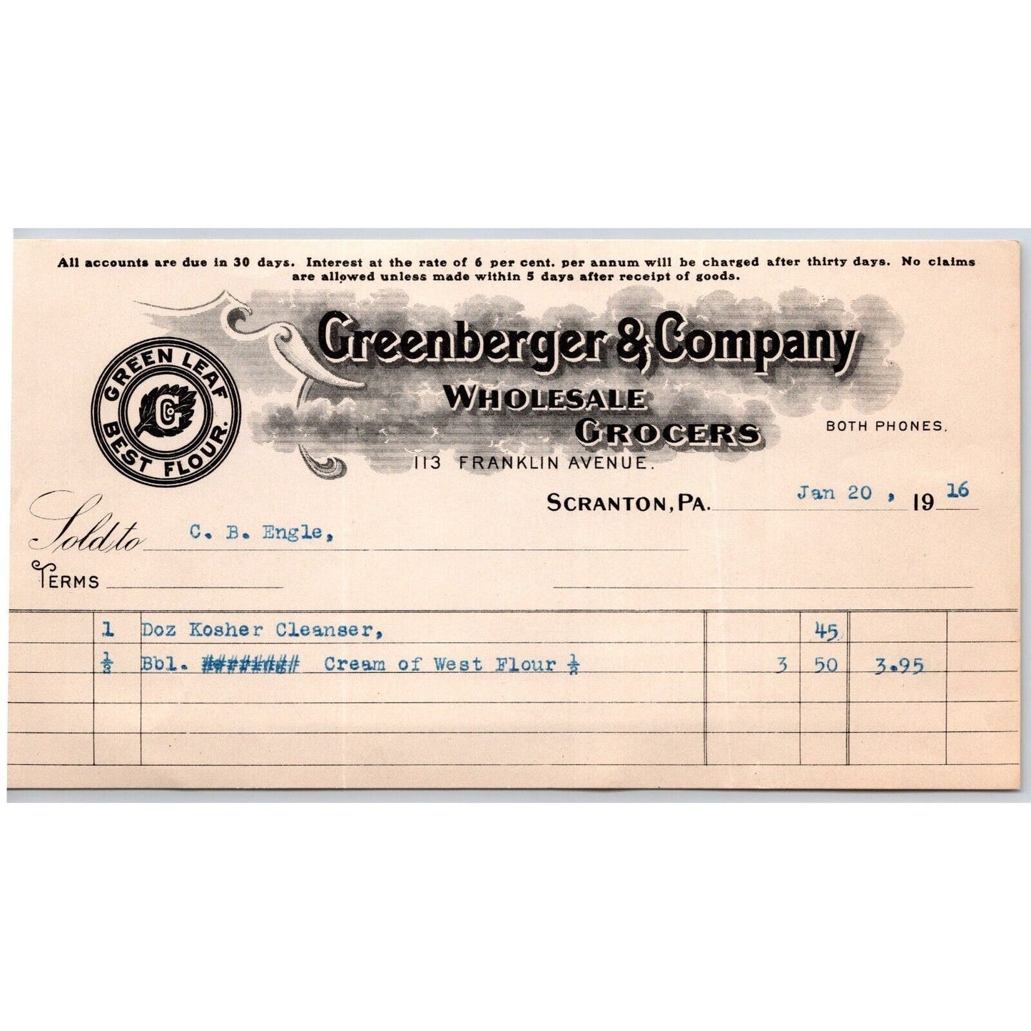 Scranton, PA Greenberger & Co. Grocers 1916 "C.B. Engel" Billhead Kosher Cleaner