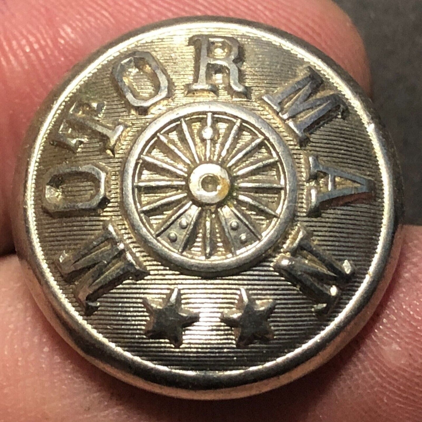 Motorman Railroad Brass Convex Uniform Button Pettibone Mf'g w/ Wheel 3/4"