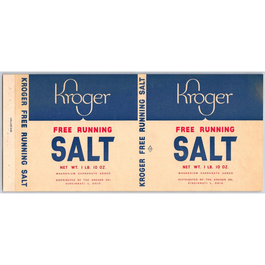 Kroger Free Running Salt Paper Label Cincinnati 1948 Scarce