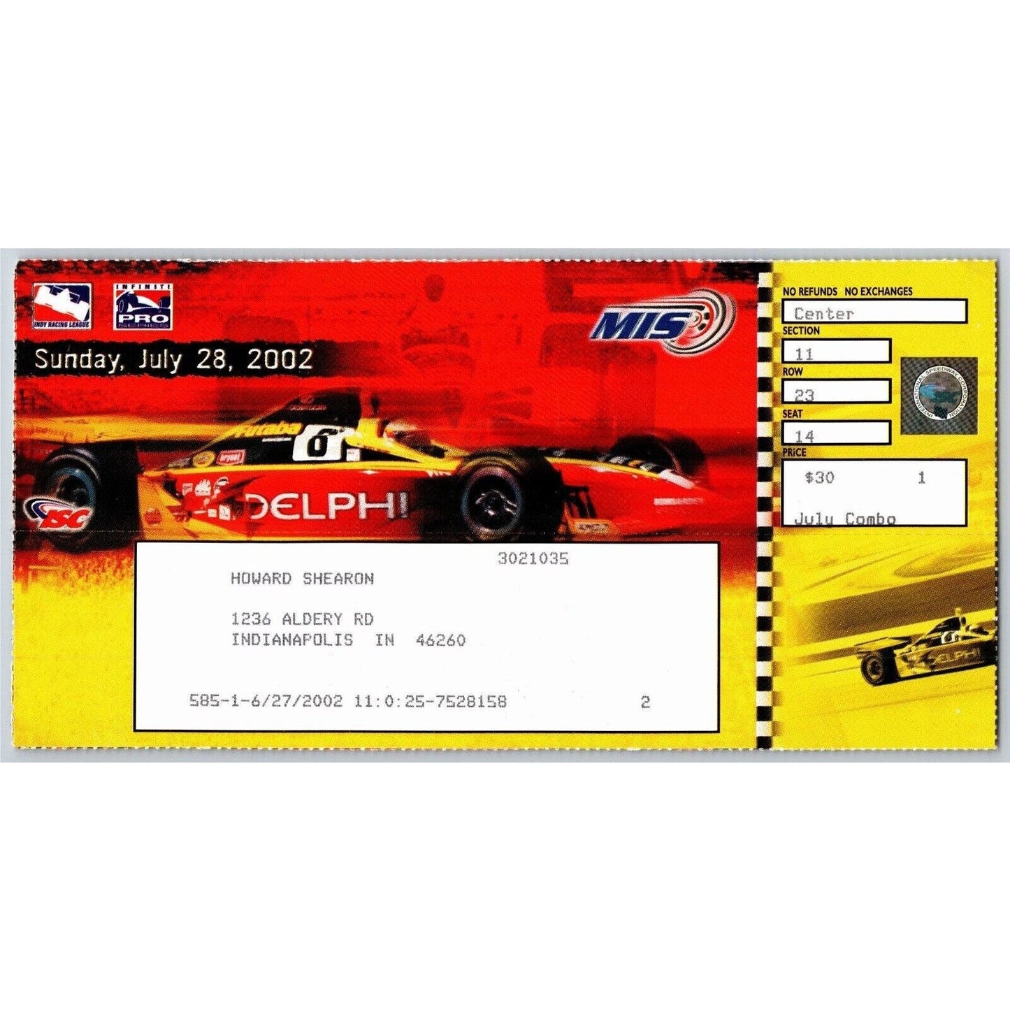 2002 Michigan International Speedway Indy 400 Ticket Stub - Seat 14