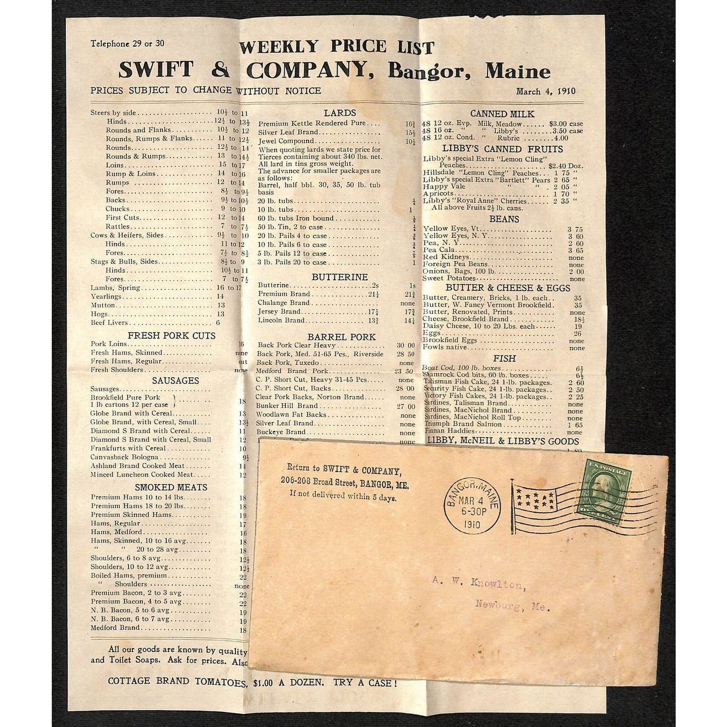 Newburgh, ME Amos W. Knowlton* 1910 Bangor Swift & Co. Provisions Price Sheet VG