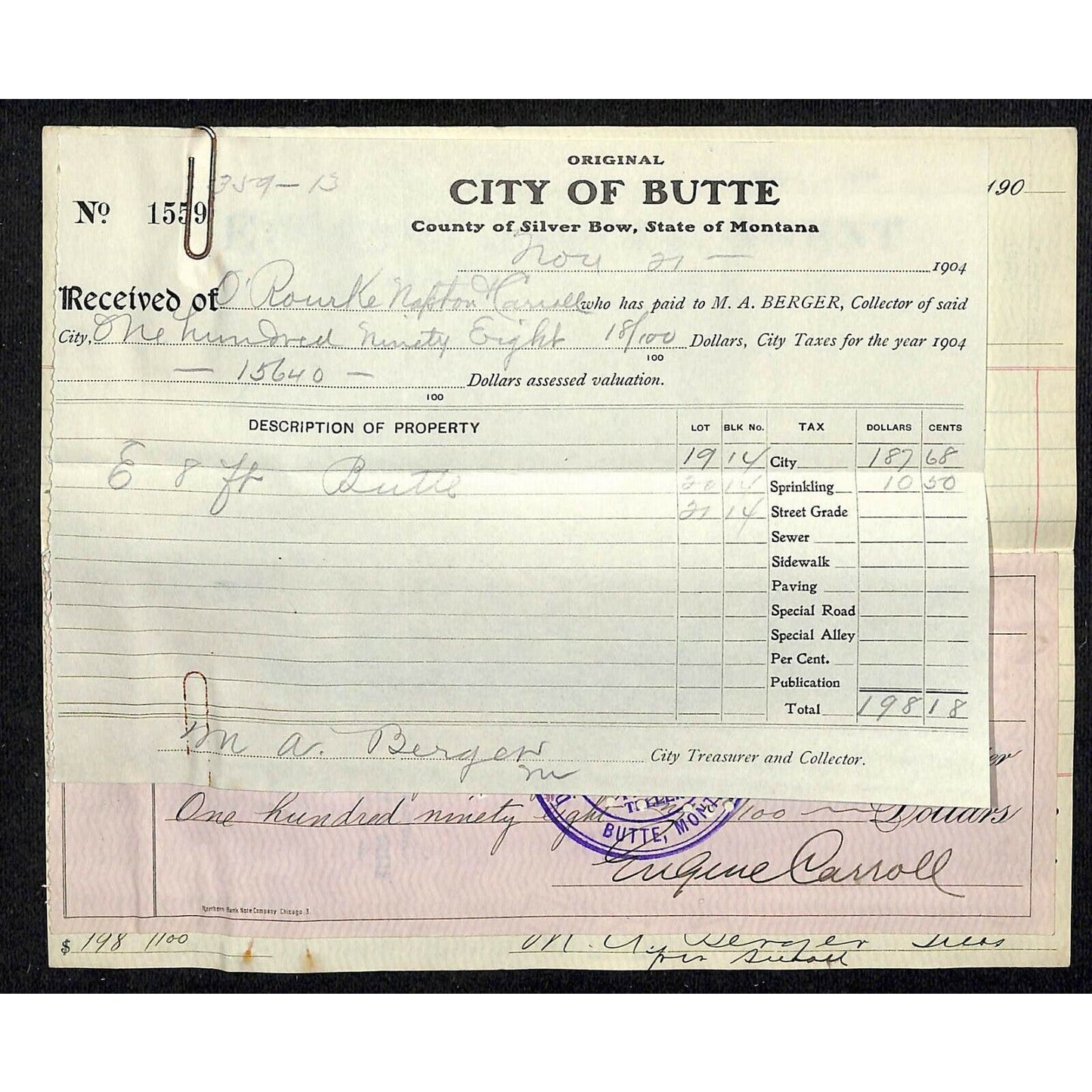 1904 Check Daly Bank Trust of Butte, MT Eugene Carroll - Silver Bow Tax Receipt