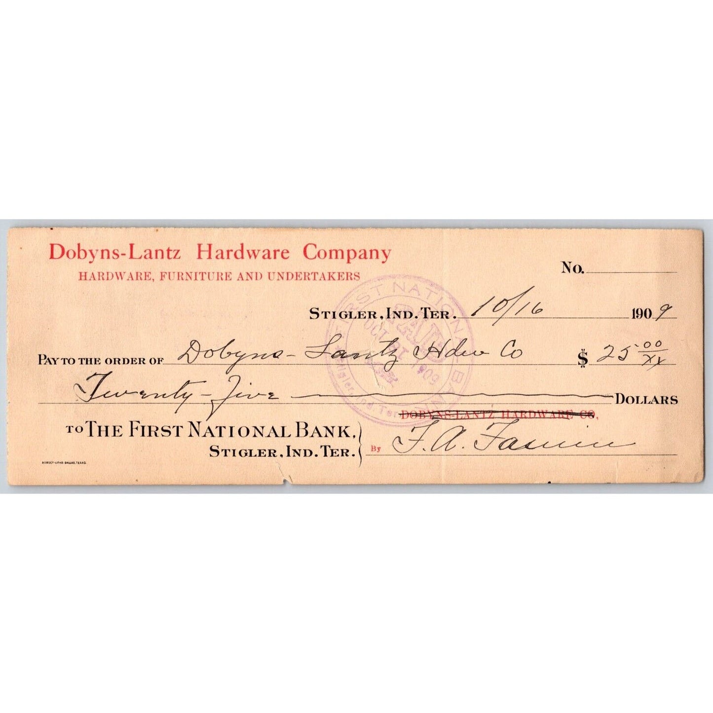 Stigler, Oklahoma Indian Territory 1909 Bank Check Dobyns-Lantz Hardware Co.