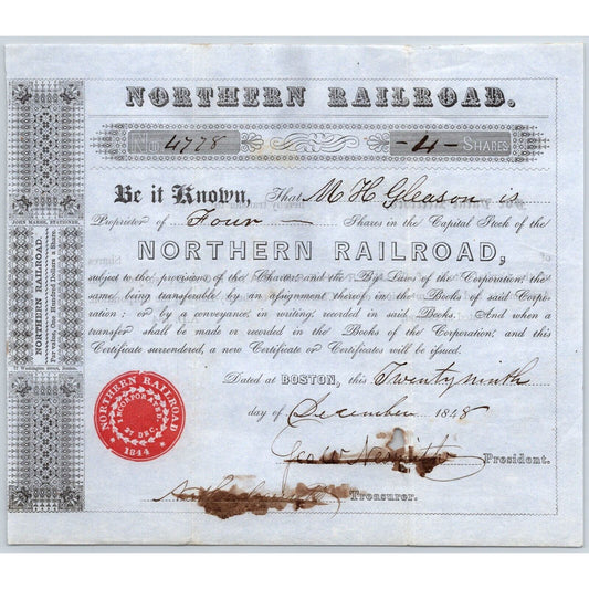 1848 Boston, MA Northern Railroad Stock Certificate No. 4778 for 4 Shares