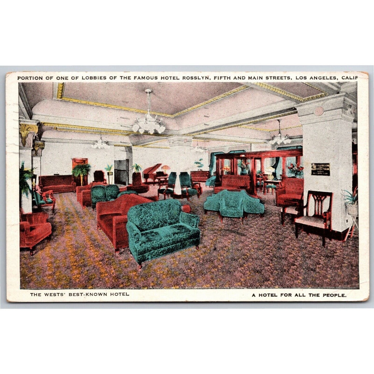 Hotel Rosslyn One of the Lobbies Los Angeles Postcard PM 1929