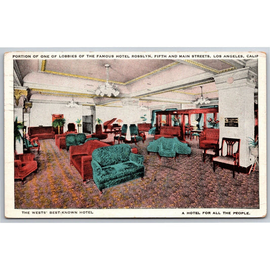 Hotel Rosslyn One of the Lobbies Los Angeles Postcard PM 1929