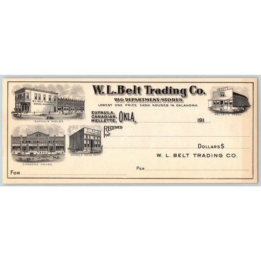 Eufaula Oklahoma 1910-1919 W.L. Belt Trading Unused Bank Check VGC No Folds